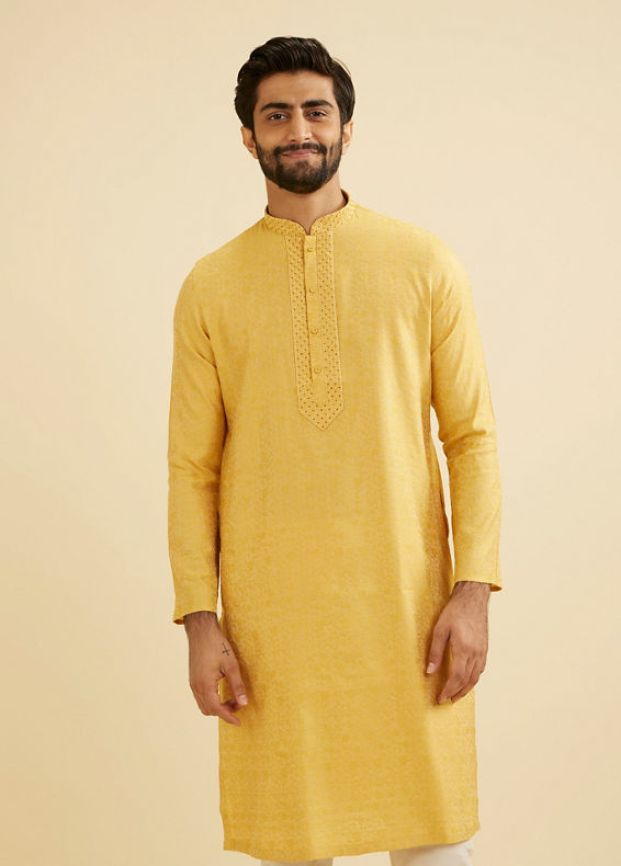 Manyavar Men Mustard Yellow Bel Buti Patterned Kurta Set