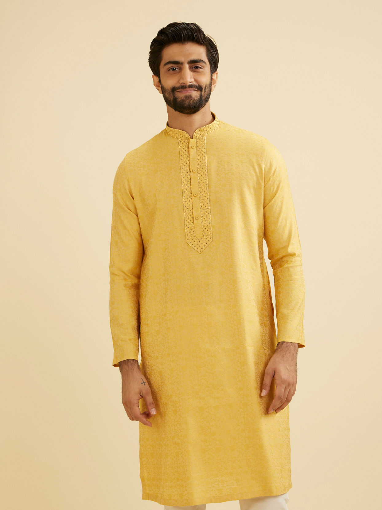 Manyavar Men Mustard Yellow Bel Buti Patterned Kurta Set