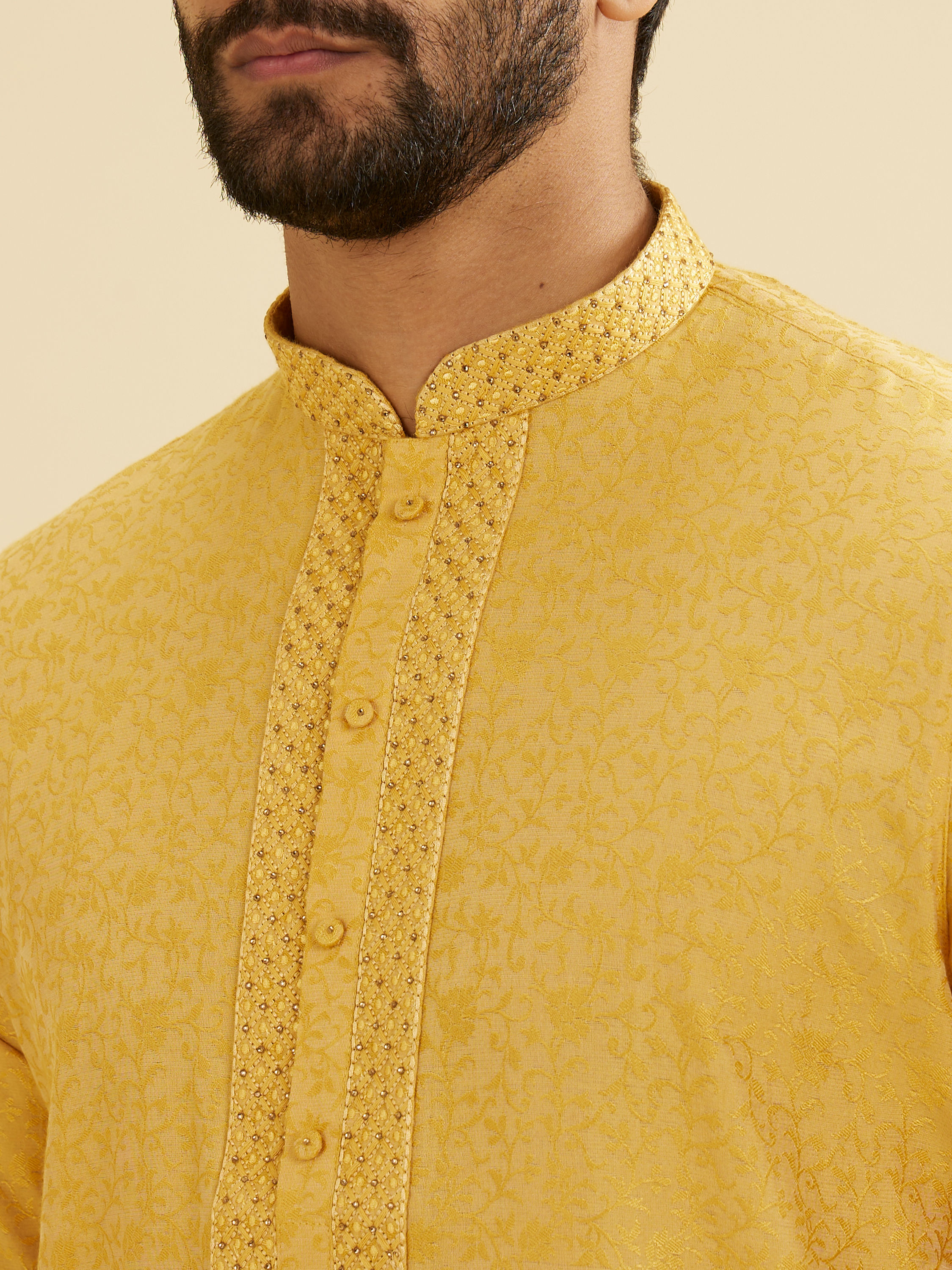 Manyavar Men Mustard Yellow Bel Buti Patterned Kurta Set