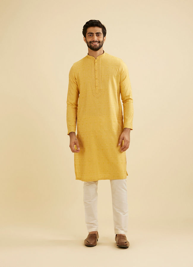 Manyavar Men Mustard Yellow Bel Buti Patterned Kurta Set