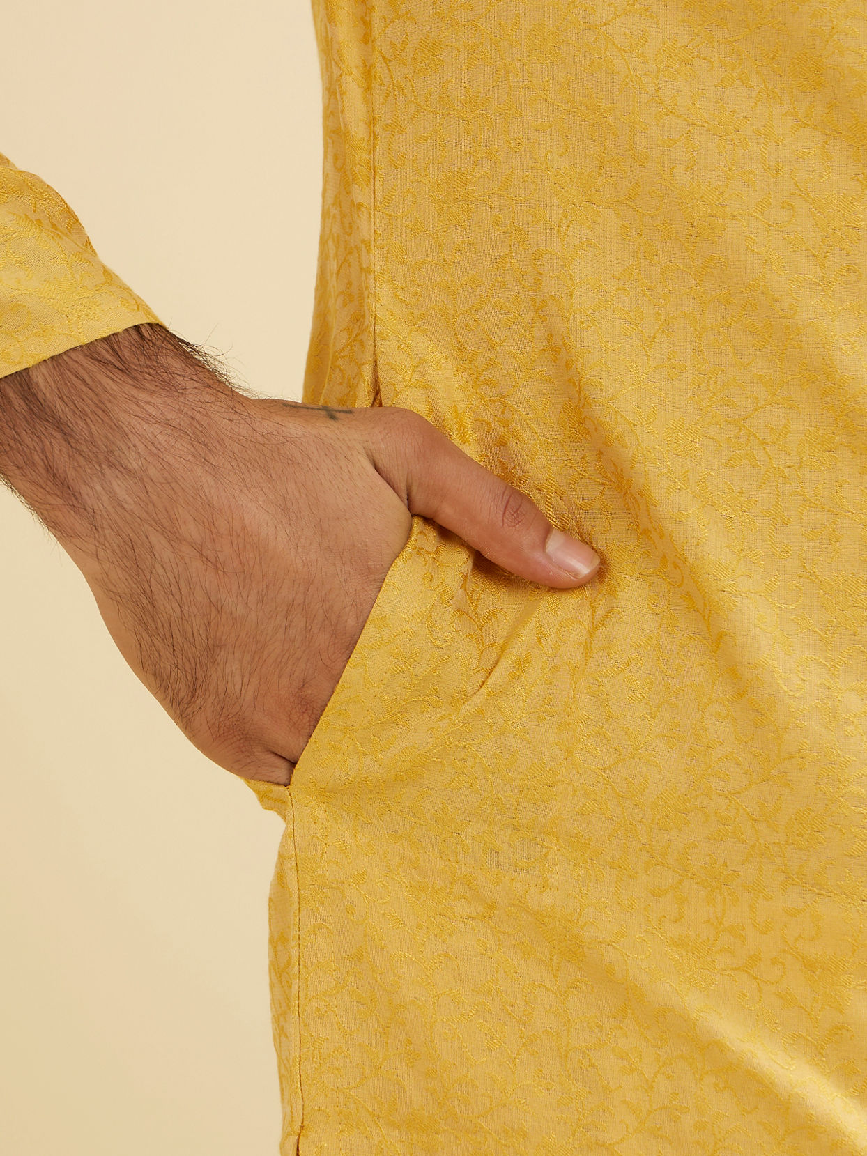 Manyavar Men Mustard Yellow Bel Buti Patterned Kurta Set