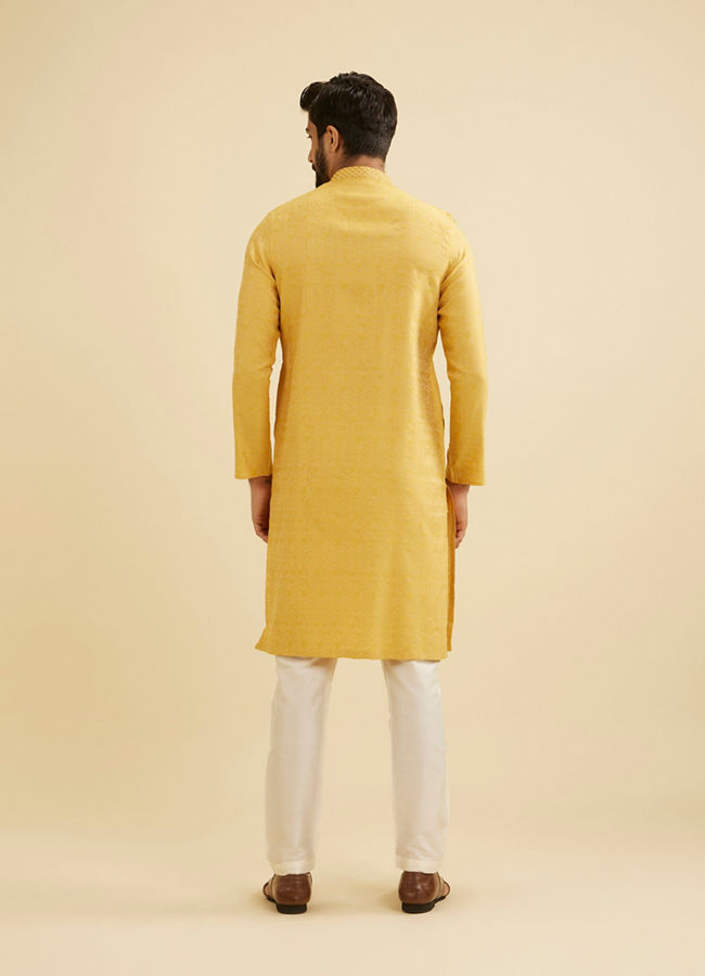 Manyavar Men Mustard Yellow Bel Buti Patterned Kurta Set