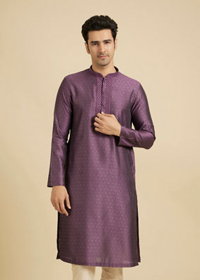 Manyavar Men Royal Purple Jaal Patterned Kurta Set with Embroidered Neckline image number 0