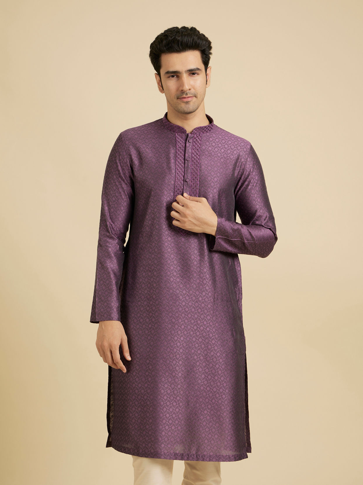 Manyavar Men Royal Purple Jaal Patterned Kurta Set with Embroidered Neckline image number 0