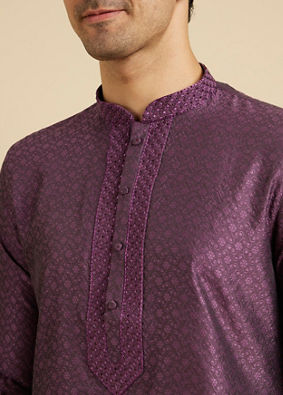 Manyavar Men Royal Purple Jaal Patterned Kurta Set with Embroidered Neckline image number 1