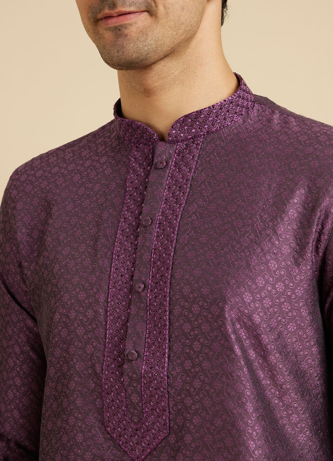 Manyavar Men Royal Purple Jaal Patterned Kurta Set with Embroidered Neckline image number 1