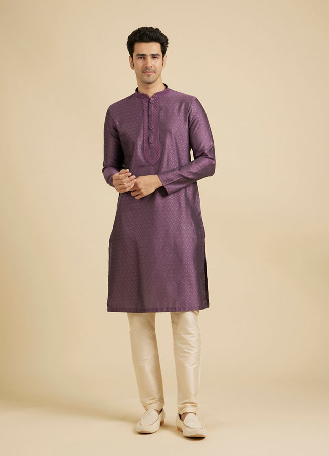 Manyavar Men Royal Purple Jaal Patterned Kurta Set with Embroidered Neckline