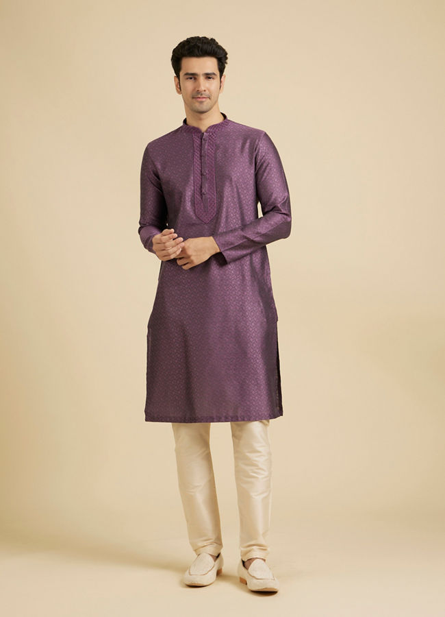 Manyavar Men Royal Purple Jaal Patterned Kurta Set with Embroidered Neckline image number 2