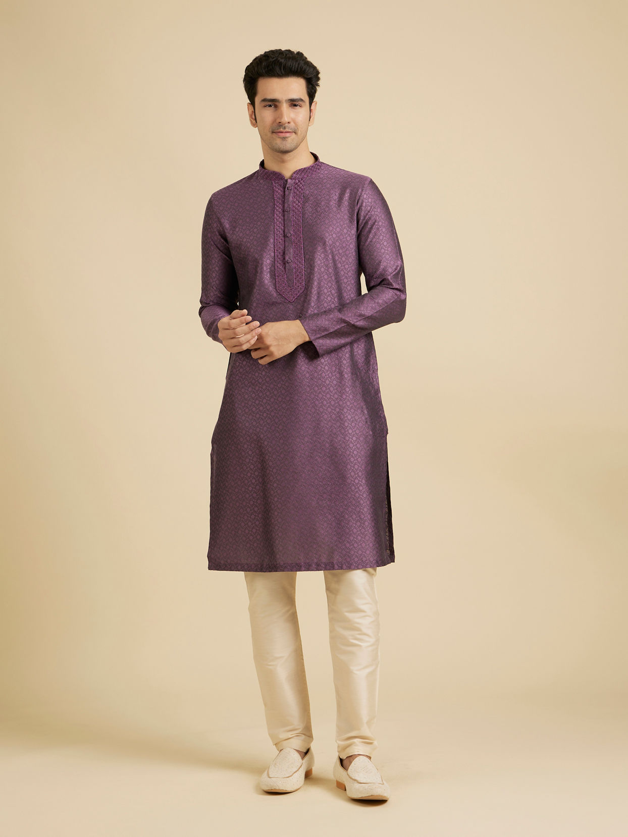 Manyavar Men Royal Purple Jaal Patterned Kurta Set with Embroidered Neckline