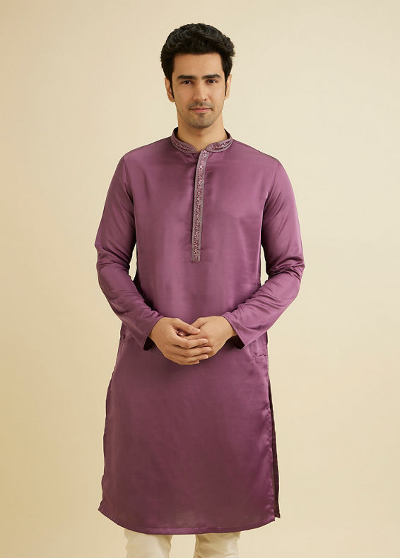 Manyavar Men Royal Purple Plain Kurta Set with Embroidered Neckline