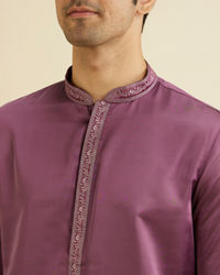 Manyavar Men Royal Purple Plain Kurta Set with Embroidered Neckline