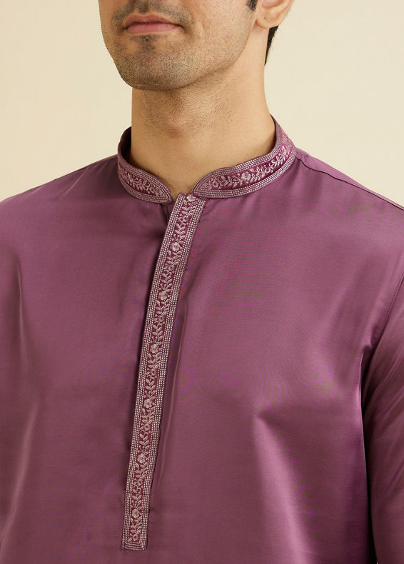 Manyavar Men Royal Purple Plain Kurta Set with Embroidered Neckline