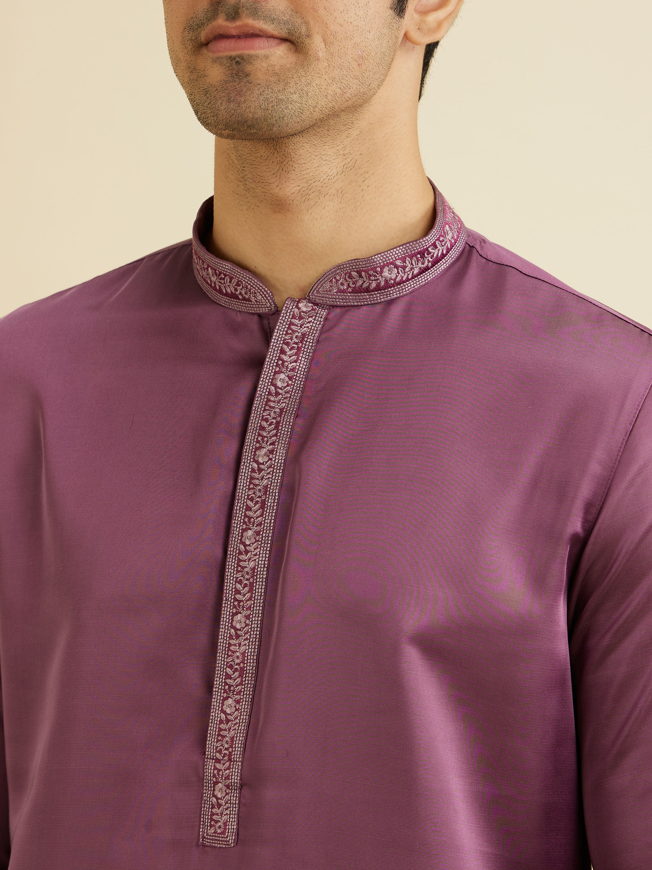 Manyavar Men Royal Purple Plain Kurta Set with Embroidered Neckline