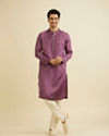 Manyavar Men Royal Purple Plain Kurta Set with Embroidered Neckline