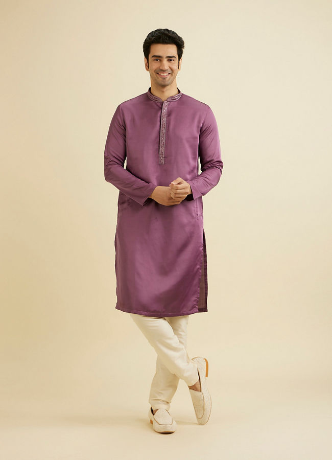 Manyavar Men Royal Purple Plain Kurta Set with Embroidered Neckline