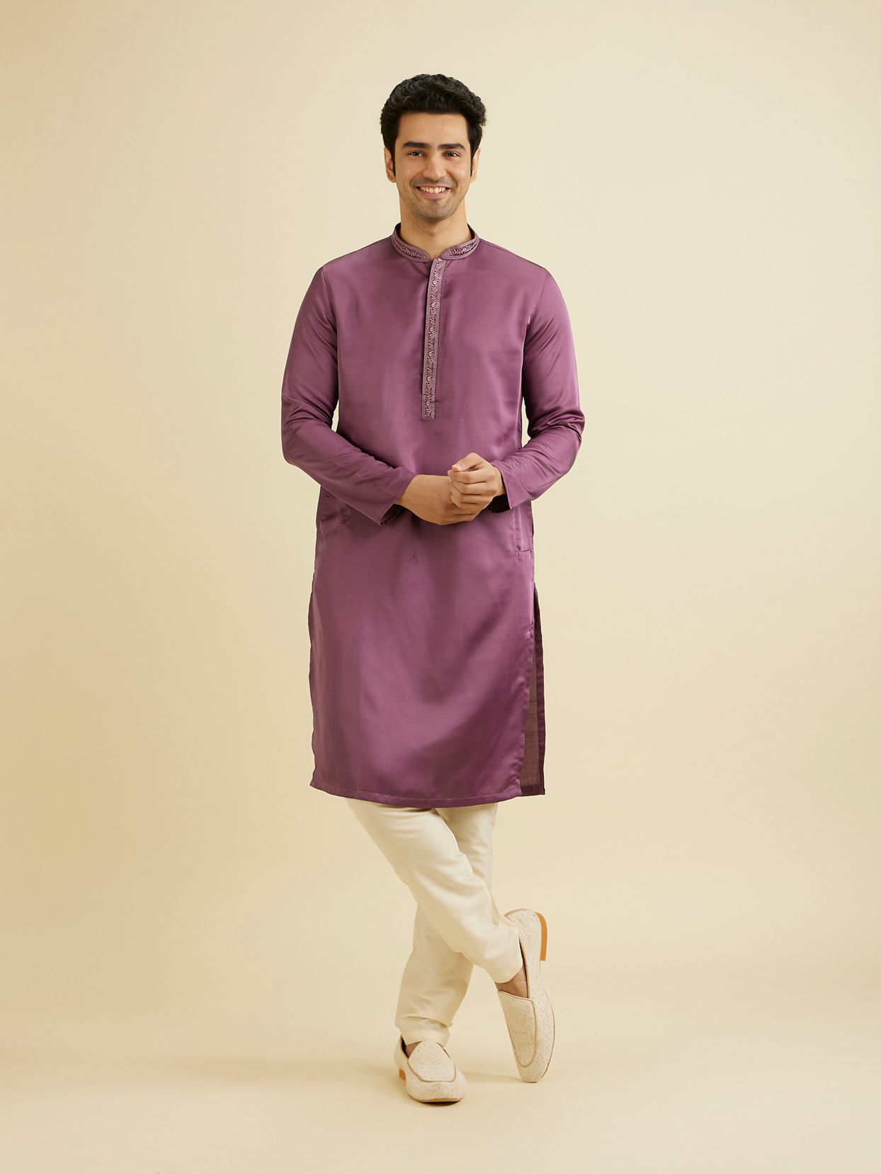 Manyavar Men Royal Purple Plain Kurta Set with Embroidered Neckline