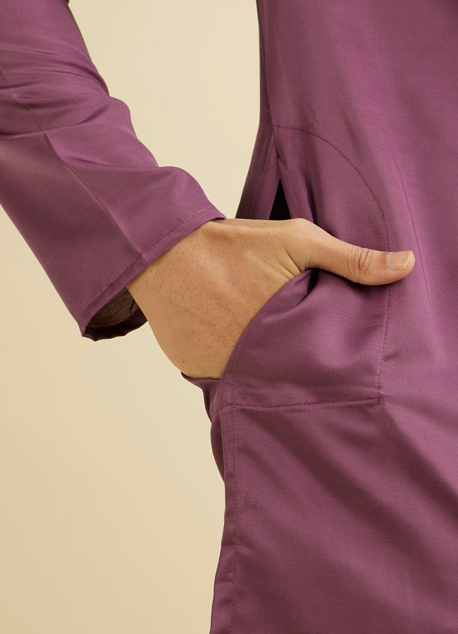 Manyavar Men Royal Purple Plain Kurta Set with Embroidered Neckline