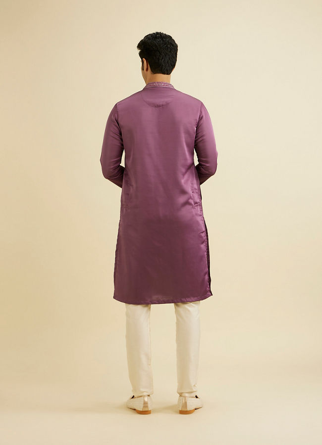 Manyavar Men Royal Purple Plain Kurta Set with Embroidered Neckline