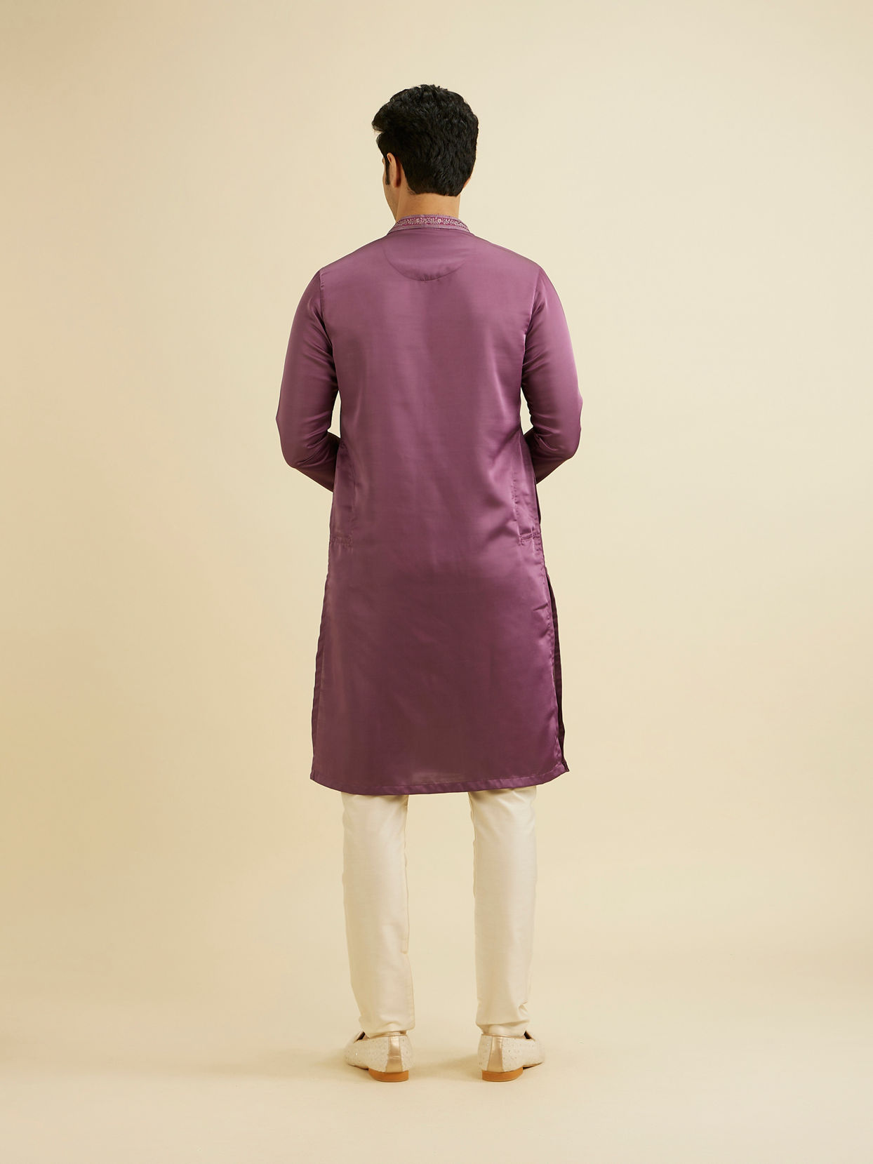 Manyavar Men Royal Purple Plain Kurta Set with Embroidered Neckline
