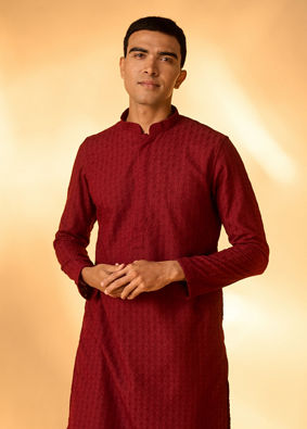 Manyavar Men Maroon Red Chikankari Embroidered Kurta Set