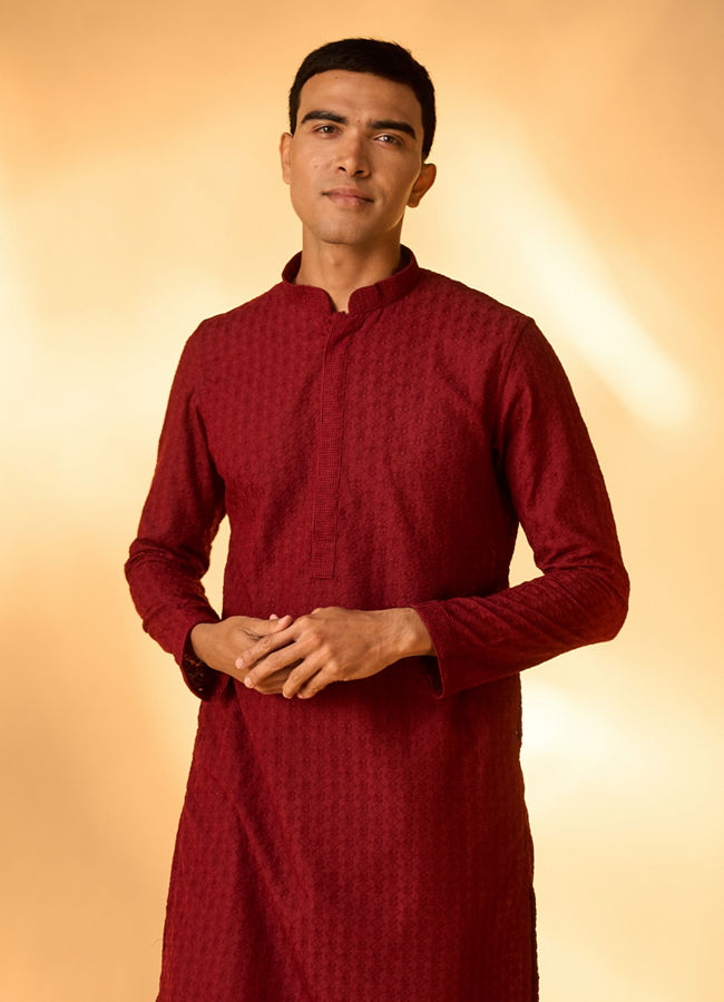 Manyavar Men Maroon Red Chikankari Embroidered Kurta Set