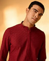 Manyavar Men Maroon Red Chikankari Embroidered Kurta Set