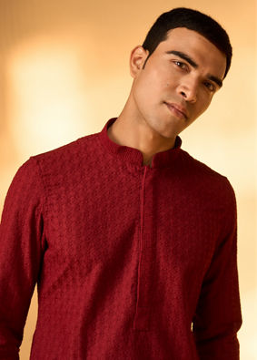 Manyavar Men Maroon Red Chikankari Embroidered Kurta Set