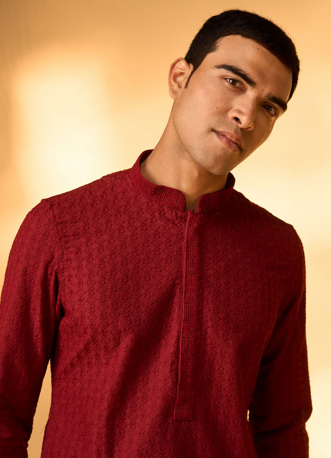 Manyavar Men Maroon Red Chikankari Embroidered Kurta Set