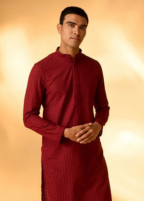 Manyavar Men Maroon Red Chikankari Embroidered Kurta Set