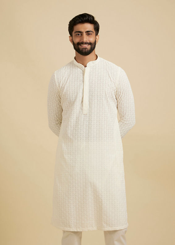 Manyavar Men Warm White Chikankari Embroidered Kurta Set