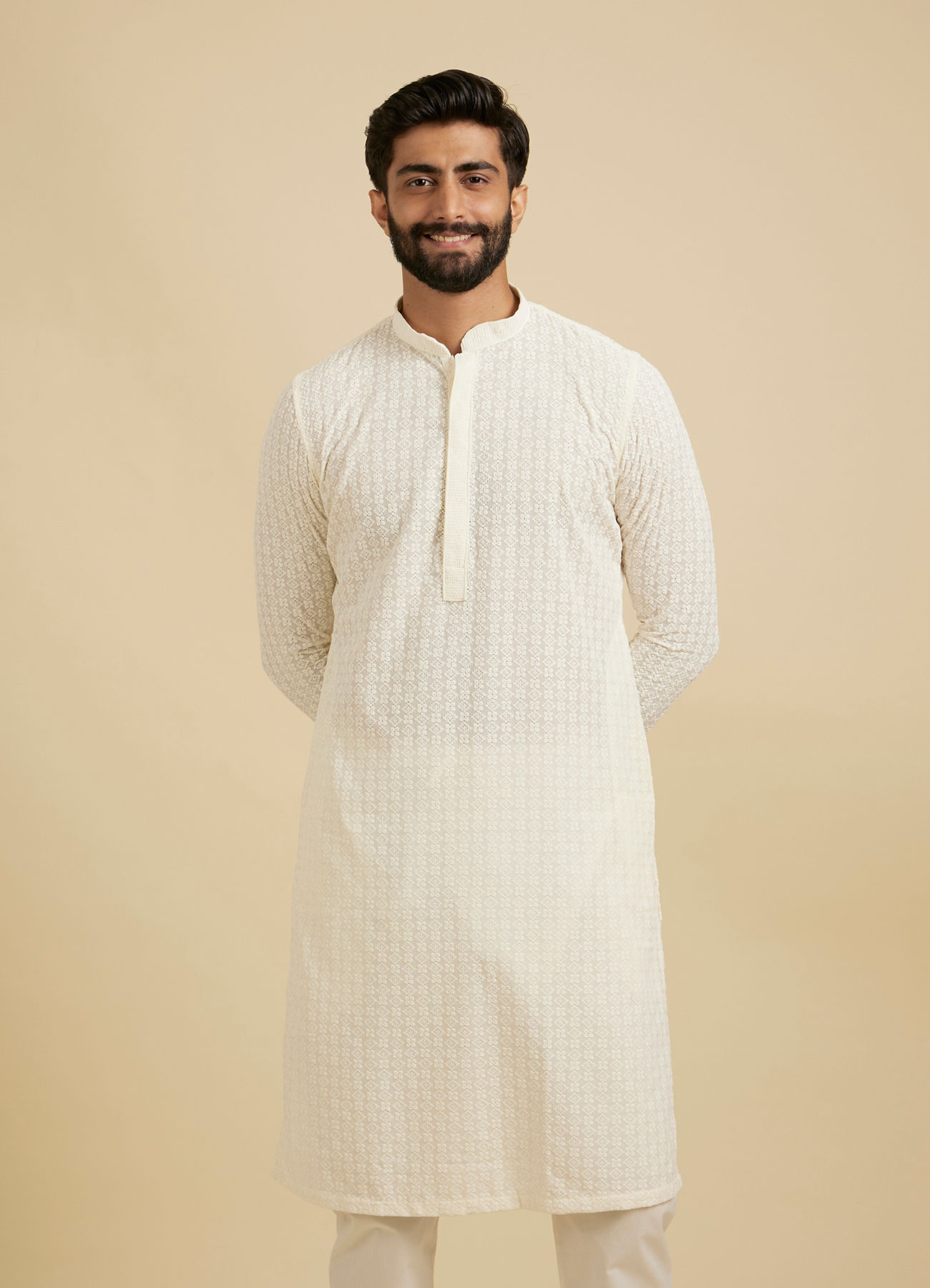 Manyavar Men Warm White Chikankari Embroidered Kurta Set