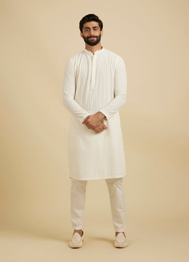Manyavar Men Warm White Chikankari Embroidered Kurta Set