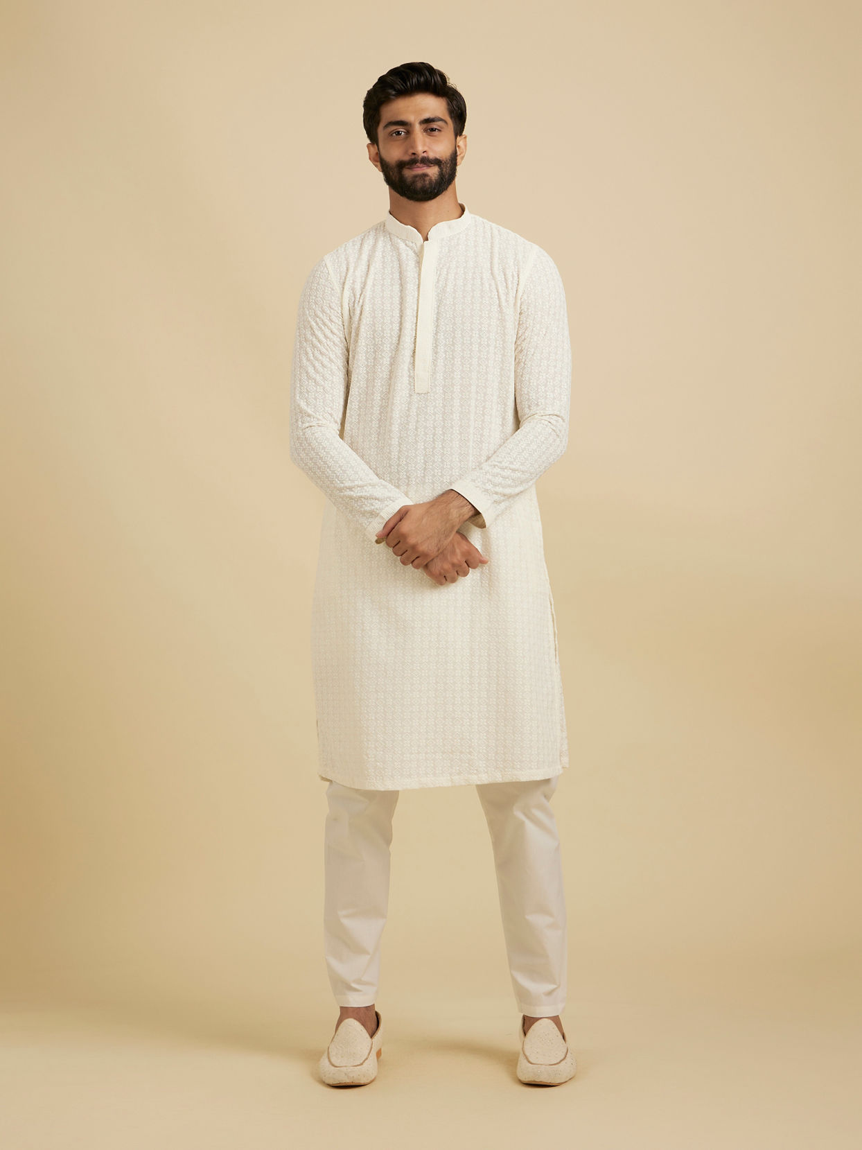 Manyavar Men Warm White Chikankari Embroidered Kurta Set