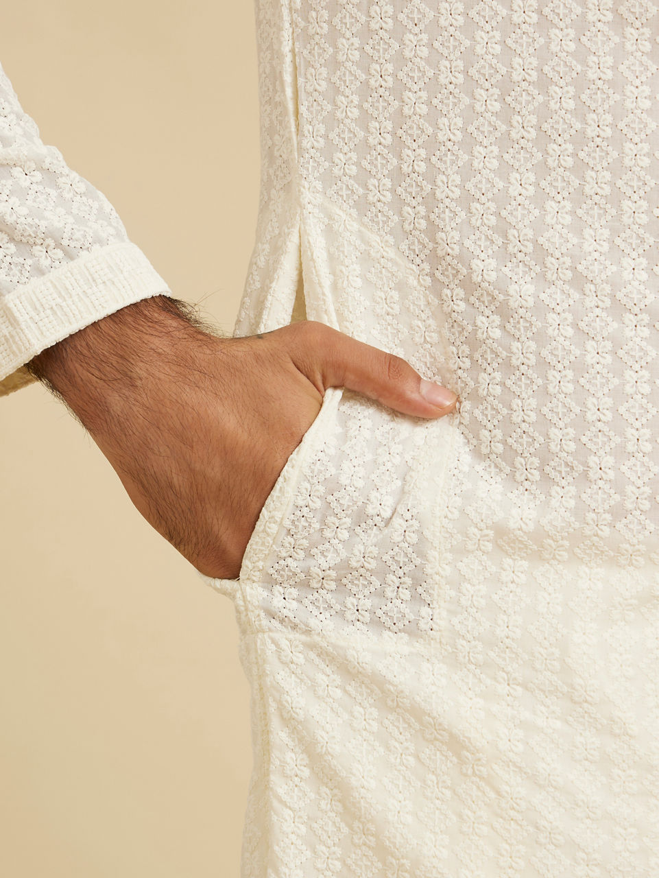 Manyavar Men Warm White Chikankari Embroidered Kurta Set