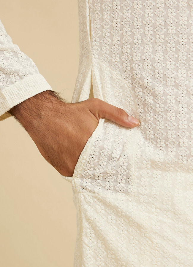 Manyavar Men Warm White Chikankari Embroidered Kurta Set
