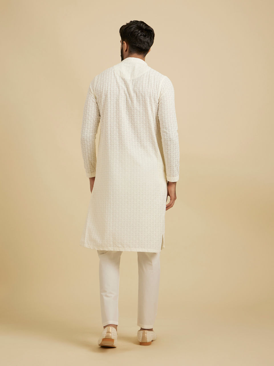 Manyavar Men Warm White Chikankari Embroidered Kurta Set