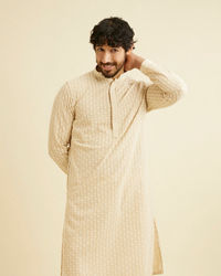 Manyavar Men Cream Beige Chikankari Embroidered Kurta Set