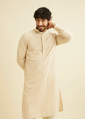 Manyavar Men Cream Beige Chikankari Embroidered Kurta Set image number 0