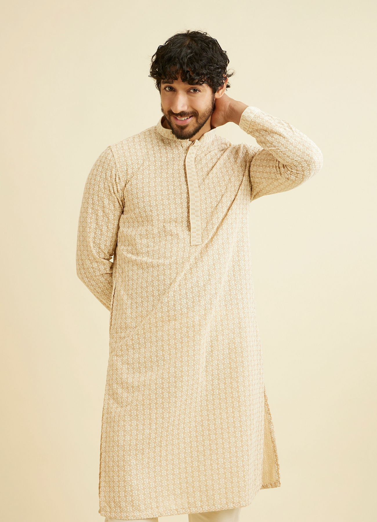 Manyavar Men Cream Beige Chikankari Embroidered Kurta Set