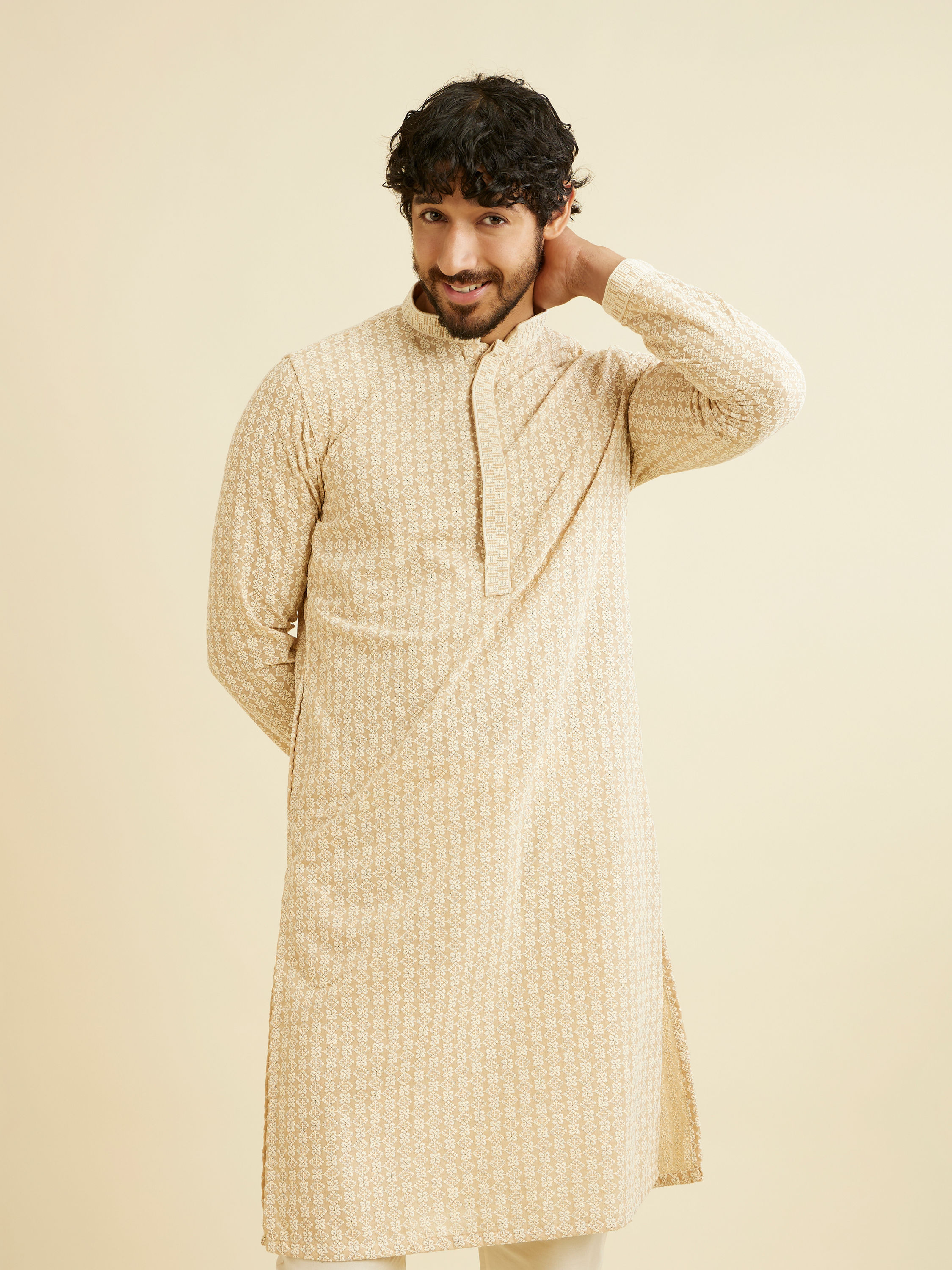 Manyavar Men Cream Beige Chikankari Embroidered Kurta Set