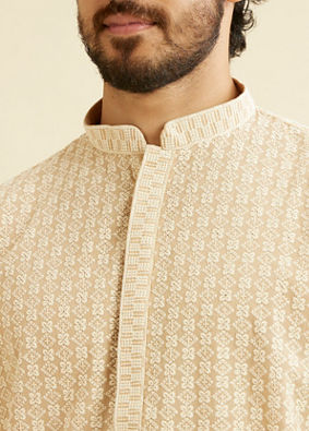 Manyavar Men Cream Beige Chikankari Embroidered Kurta Set