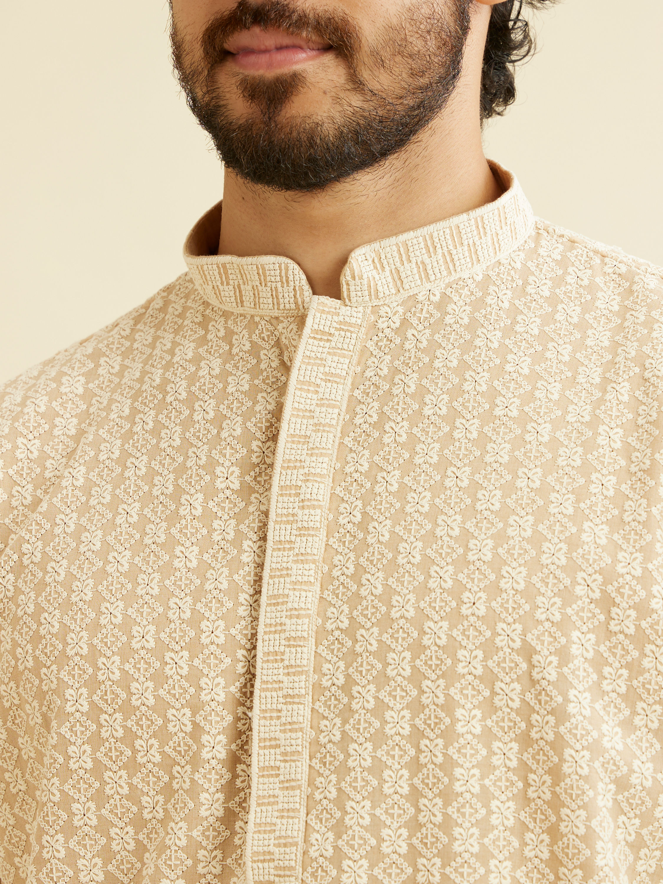 Manyavar Men Cream Beige Chikankari Embroidered Kurta Set