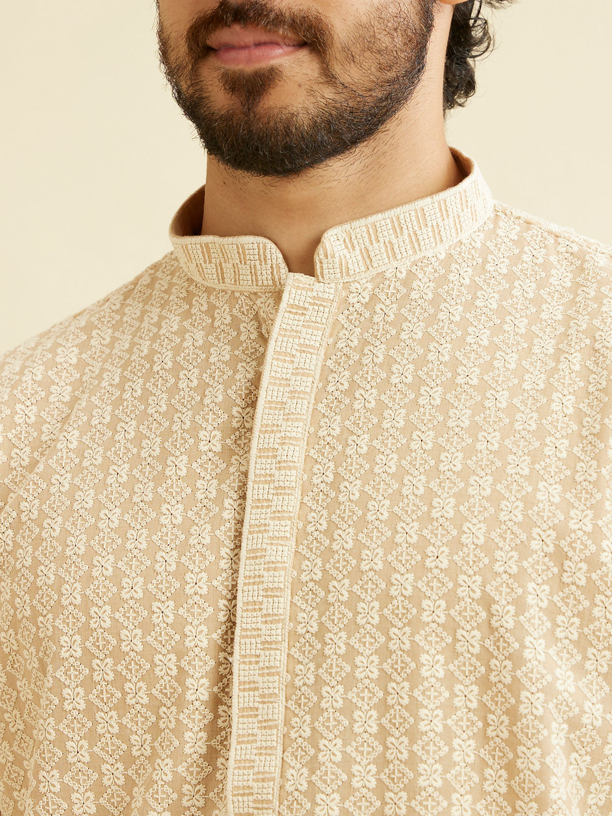 Manyavar Men Cream Beige Chikankari Embroidered Kurta Set image number 1