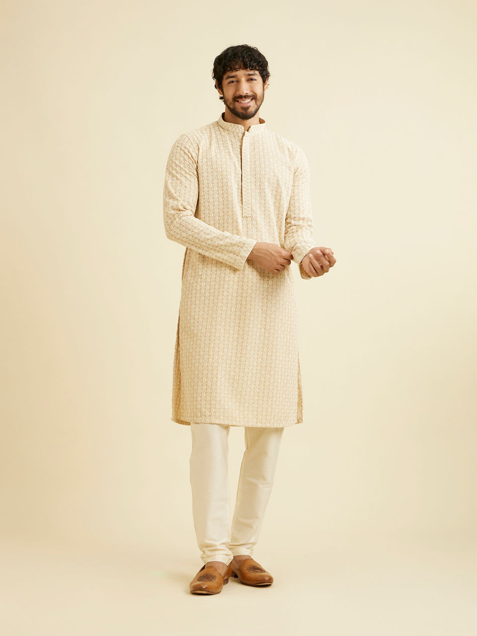 Manyavar Men Cream Beige Chikankari Embroidered Kurta Set