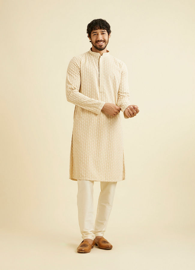 Manyavar Men Cream Beige Chikankari Embroidered Kurta Set