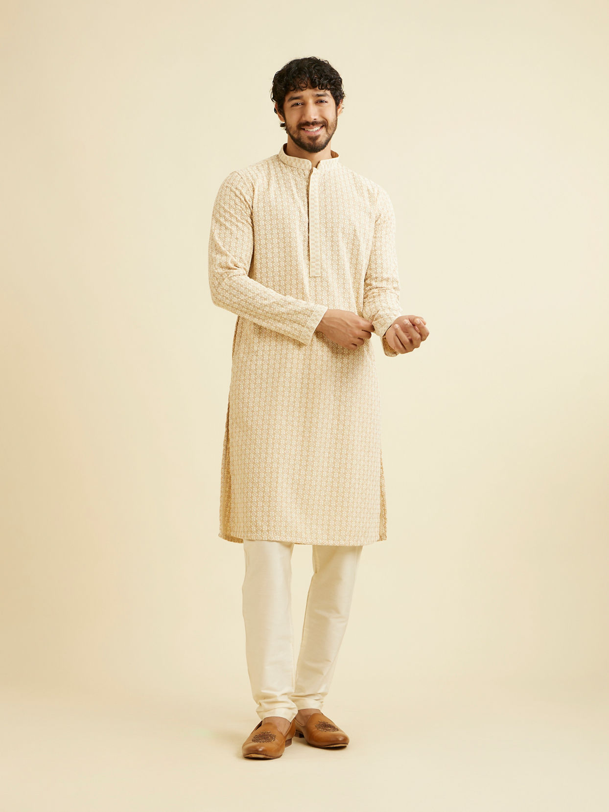 Manyavar Men Cream Beige Chikankari Embroidered Kurta Set image number 2