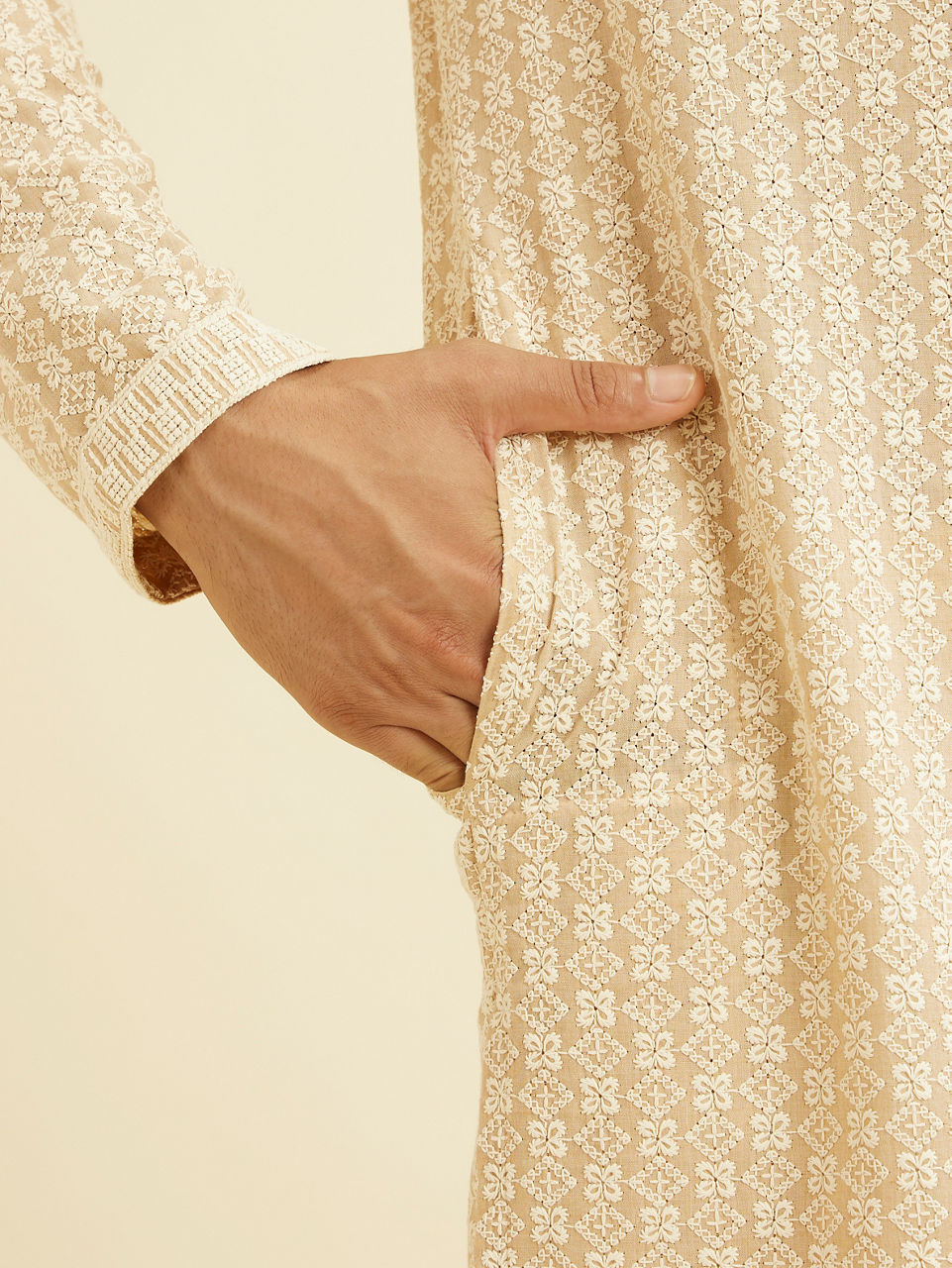Manyavar Men Cream Beige Chikankari Embroidered Kurta Set