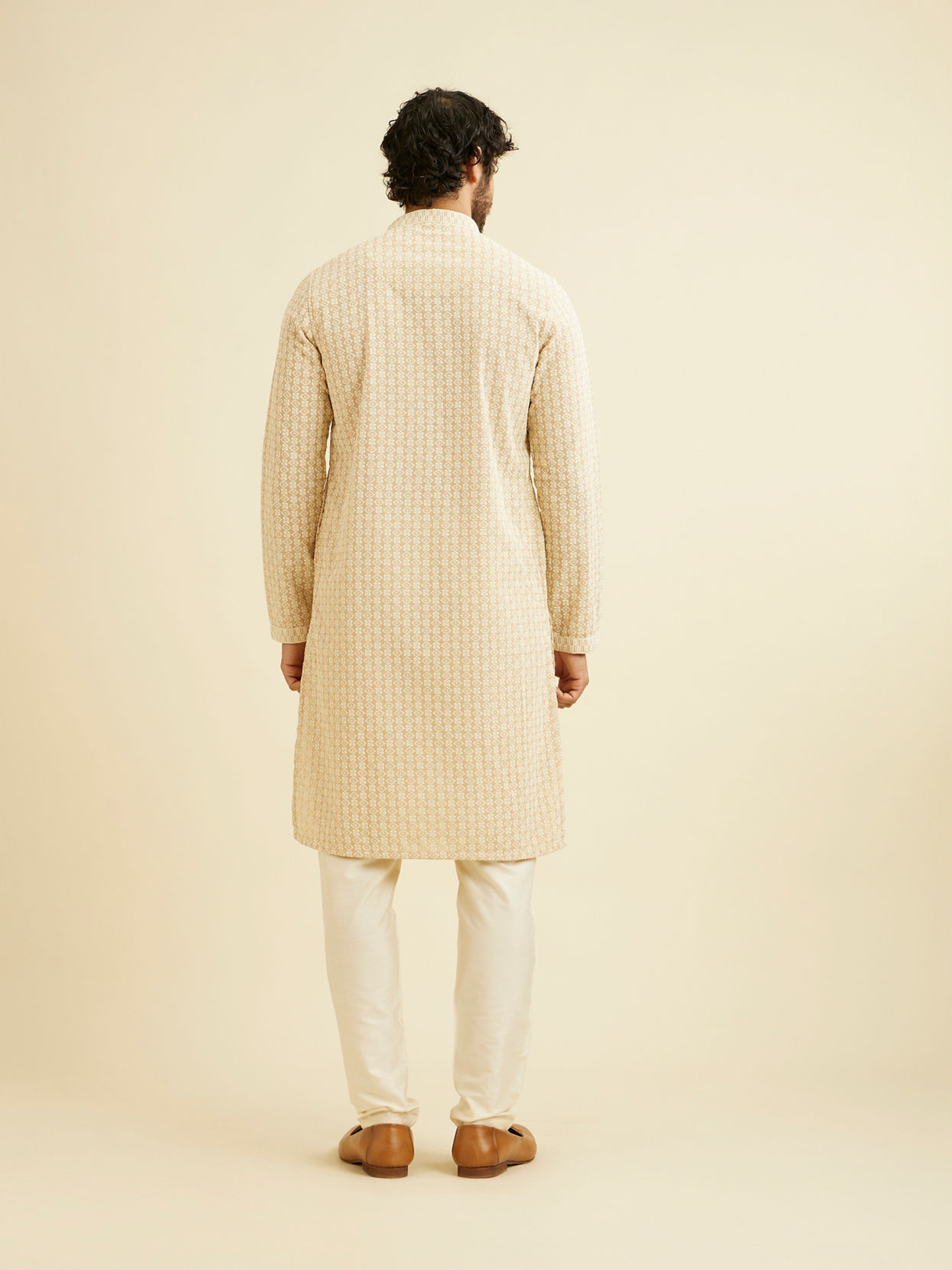 Manyavar Men Cream Beige Chikankari Embroidered Kurta Set