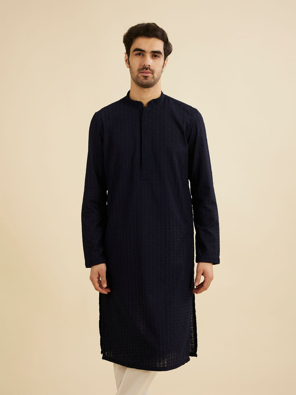 Manyavar Men Indigo Blue Chikankari Embroidered Kurta Set