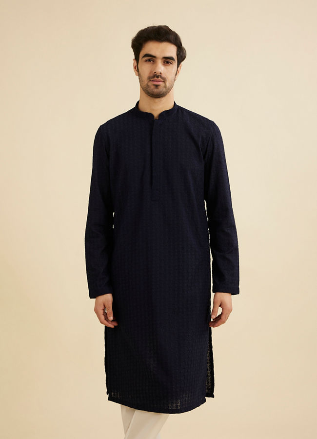 Manyavar Men Indigo Blue Chikankari Embroidered Kurta Set